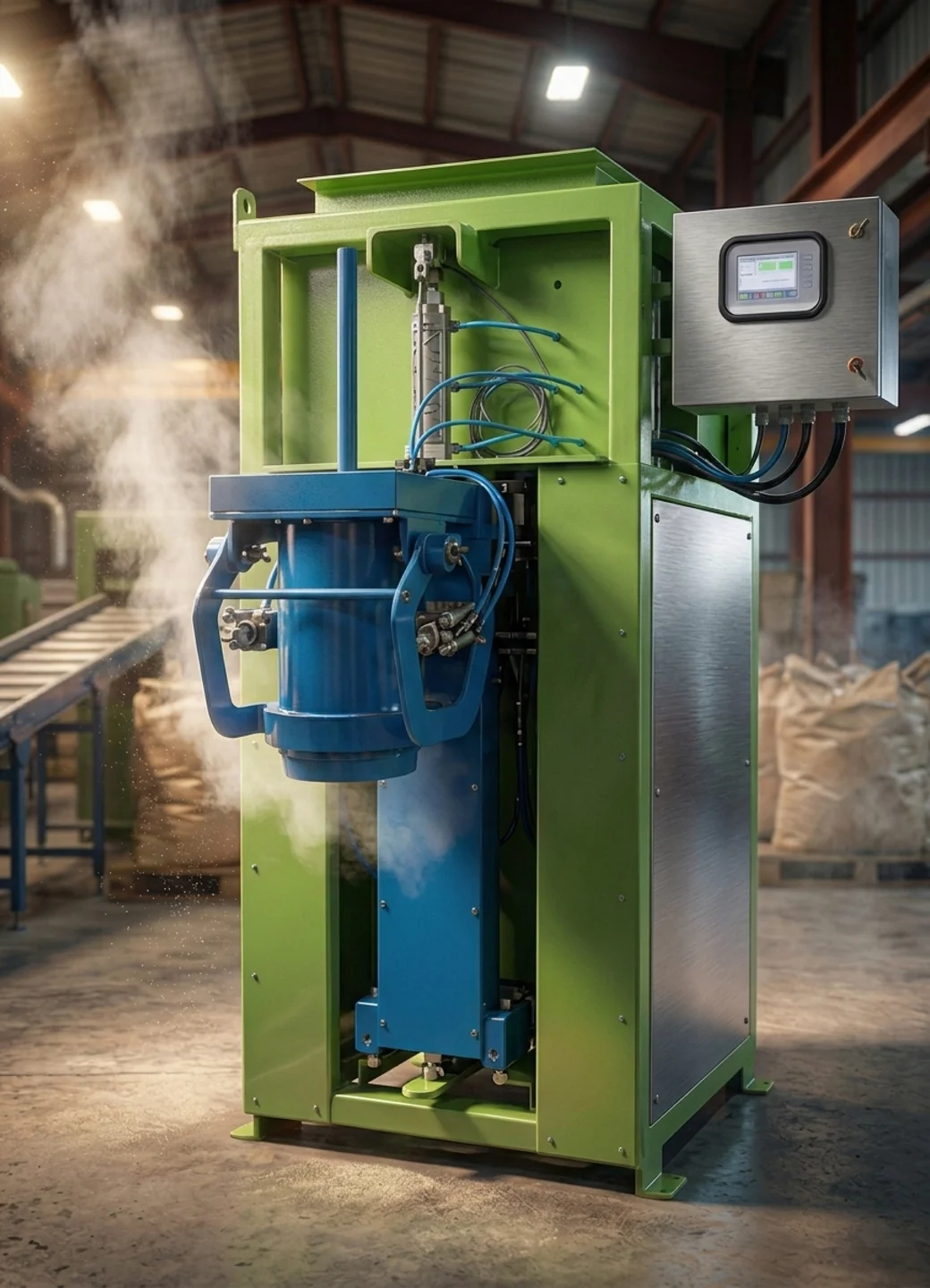 R.S. Enterprises precision-engineered open mouth bagging machine with structural steel frame and digital PLC controls