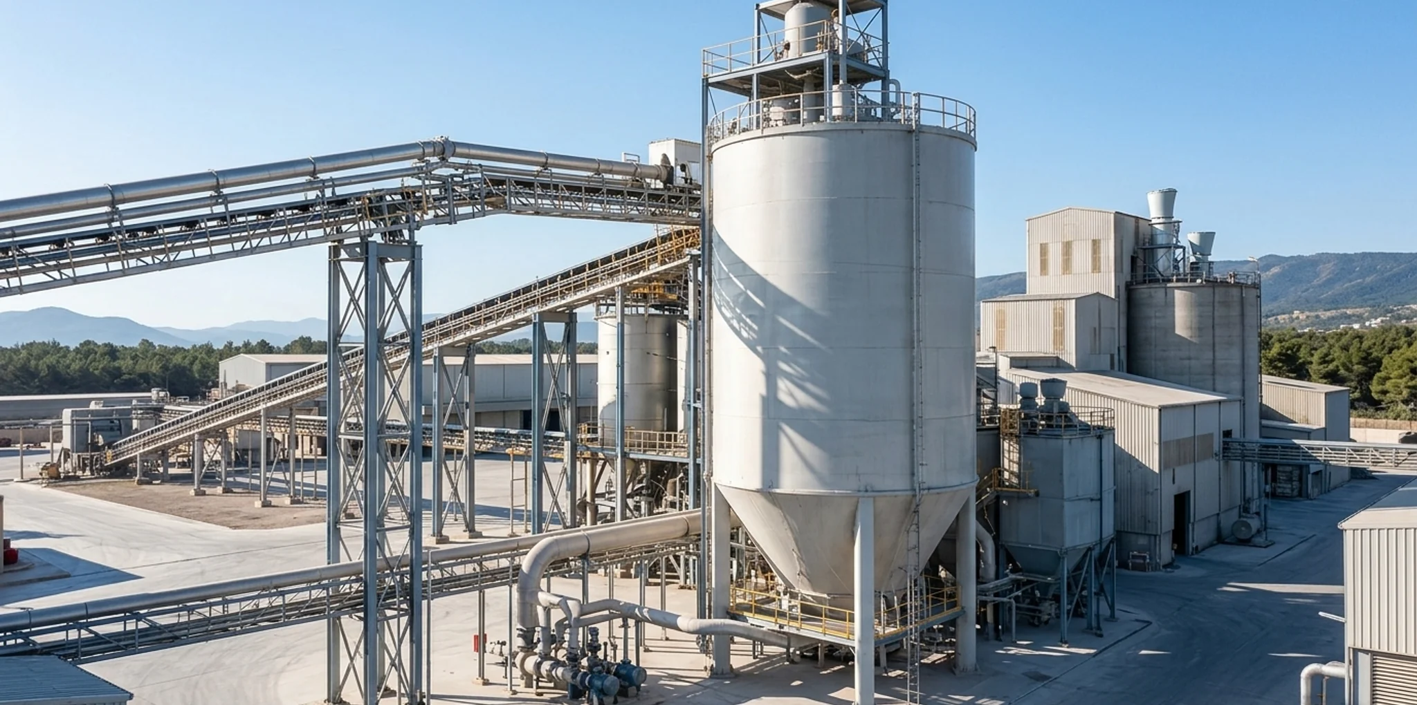 Modern bulk materials processing facility with raw material storage silos, conveyor gantries, and drymix plant